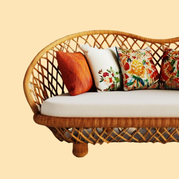 Canapé de Salon en Rotin Naturel Tressé – Banquette Faite Main avec Coussins Déhoussables – Style Bohème Chic et Élégant